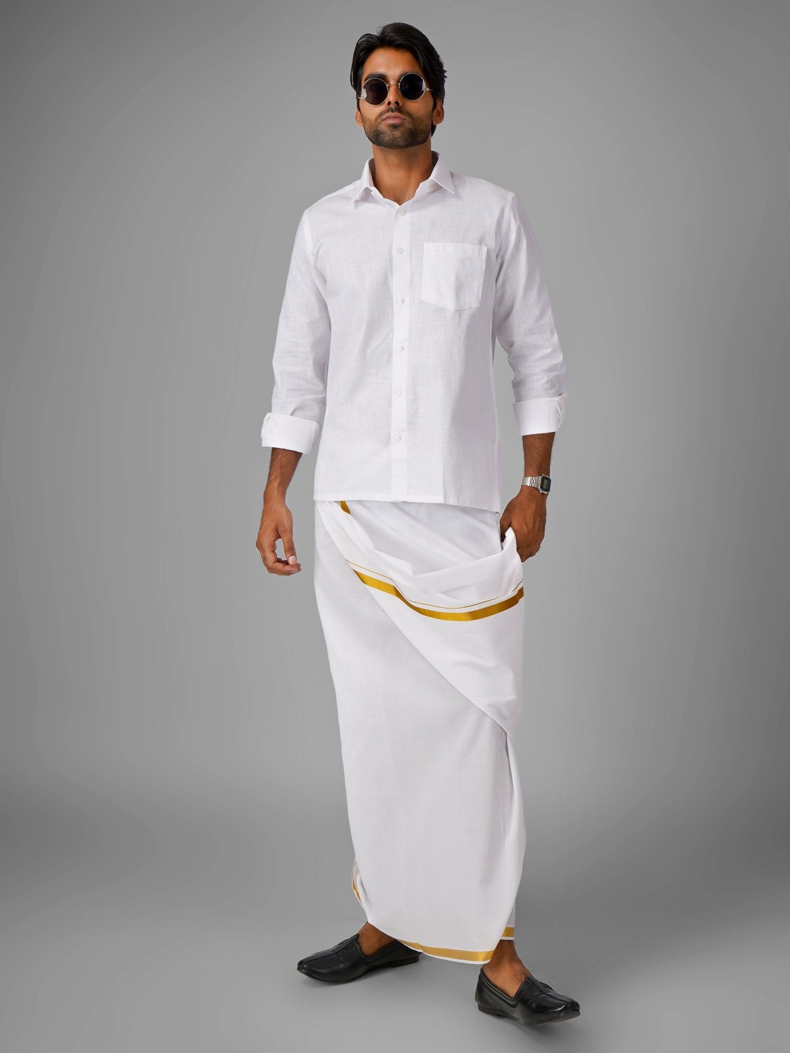 100% Cotton (White) Shirt Dhoti Set - Azhaganshirts